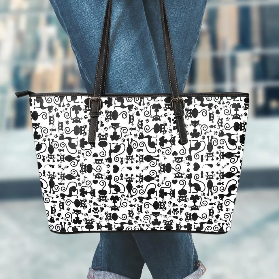 Cats White Small Leather Tote Bag