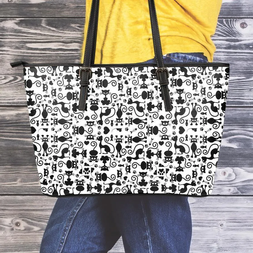 Cats White Small Leather Tote Bag