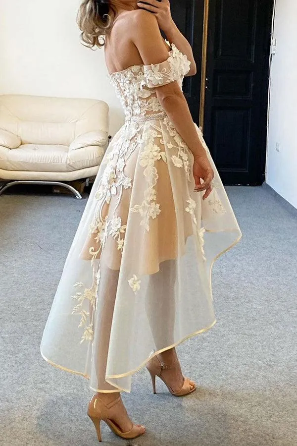 Champagne Tulle Off The Shoulder High Low Homecoming Dresses HD0164