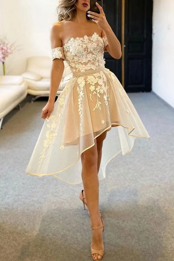 Champagne Tulle Off The Shoulder High Low Homecoming Dresses HD0164