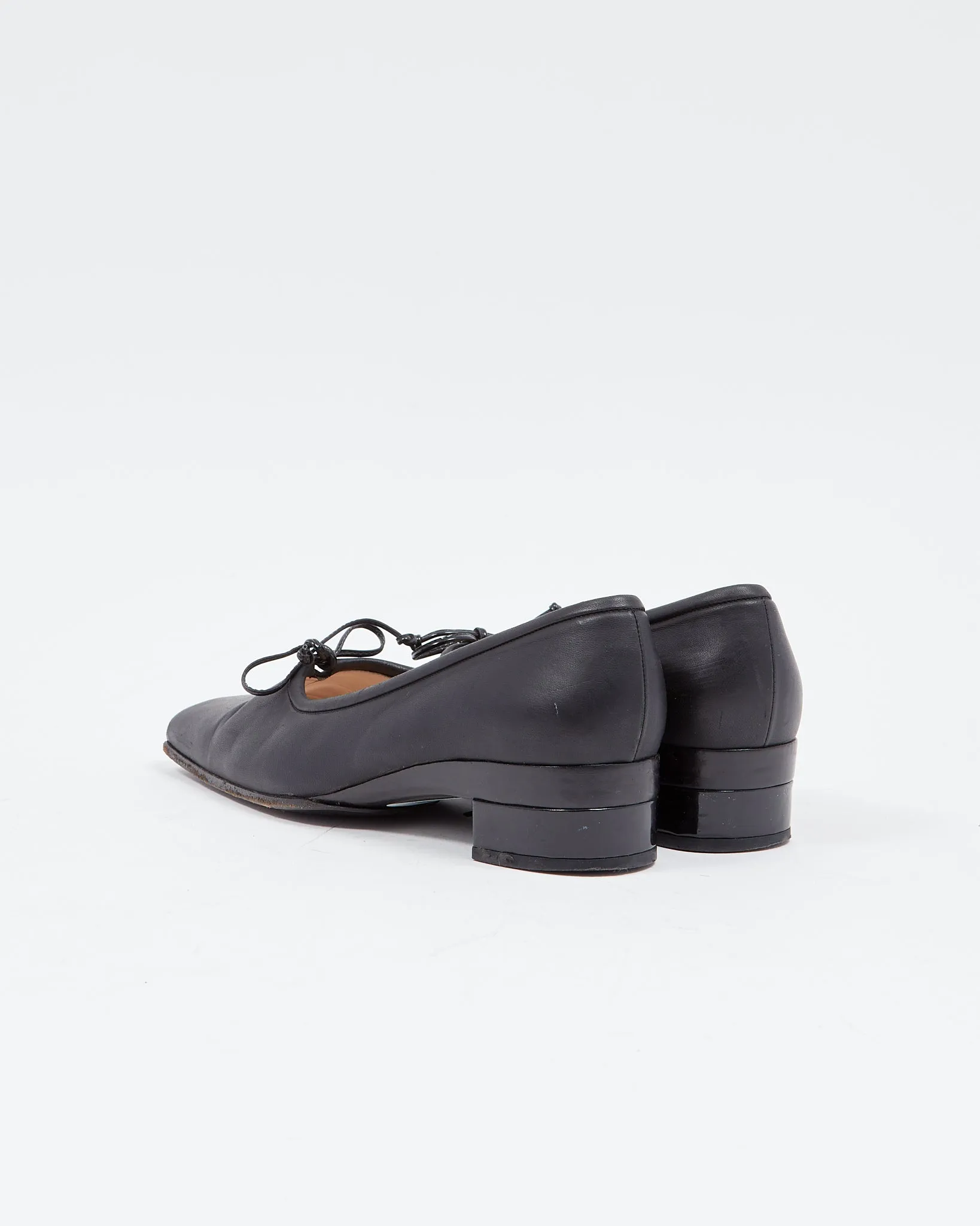 Chanel Vintage Black Leather Square Toe Block Heel Pumps - 38.5