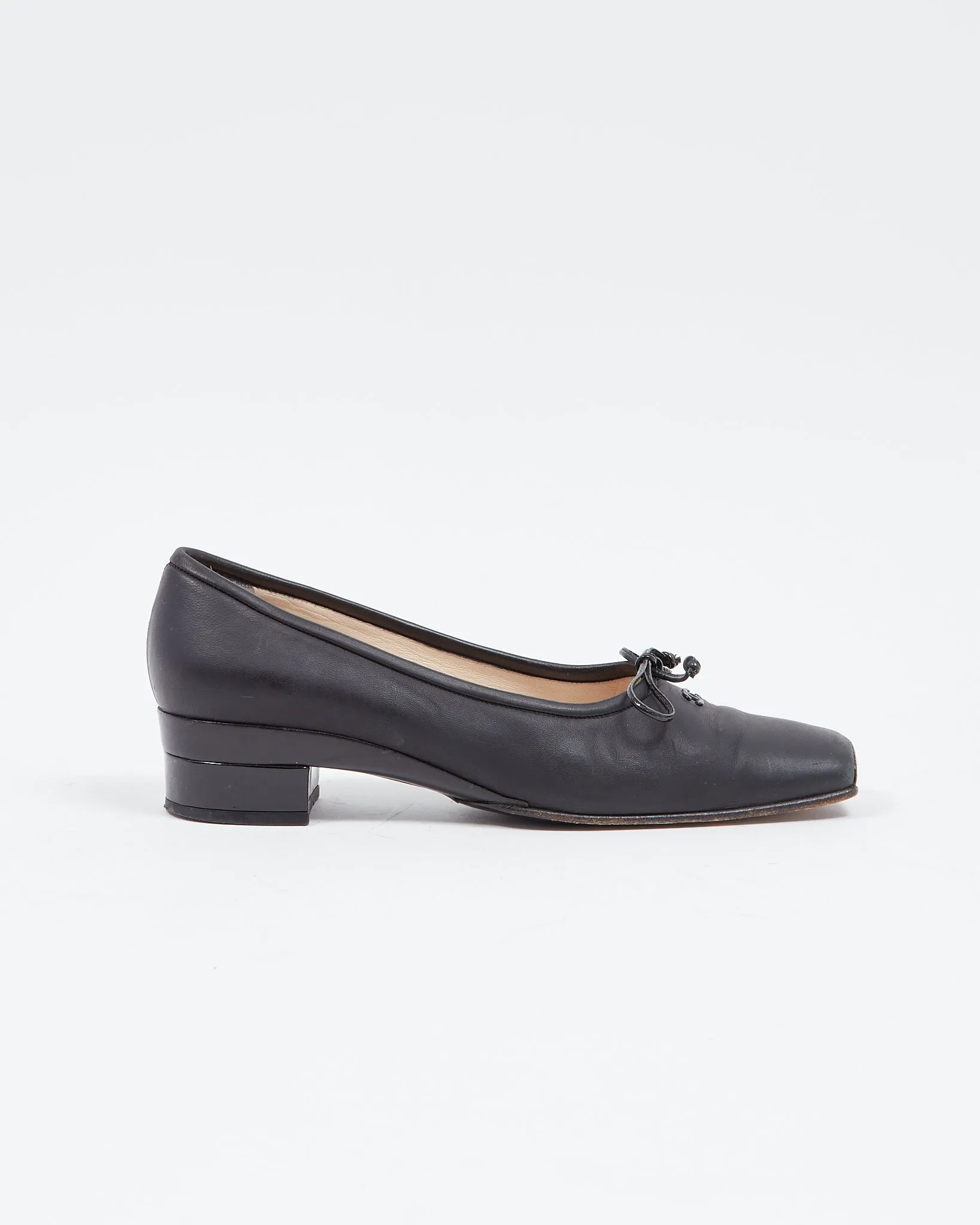 Chanel Vintage Black Leather Square Toe Block Heel Pumps - 38.5