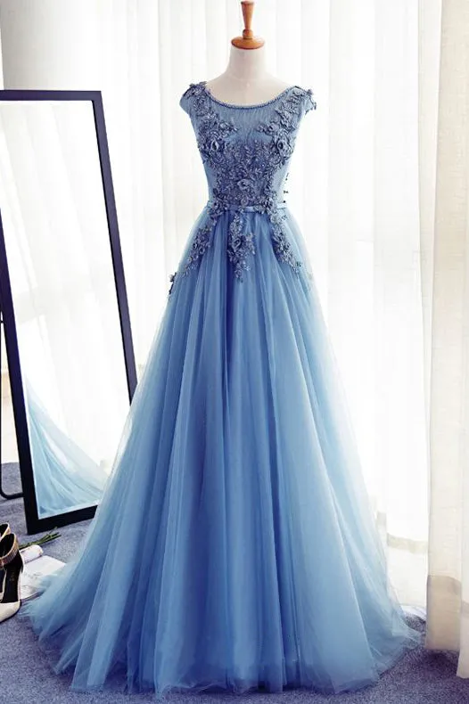 Charming Long Tulle Handmade A Line Blue Prom Gowns,Best Formal Women Dresses OK243