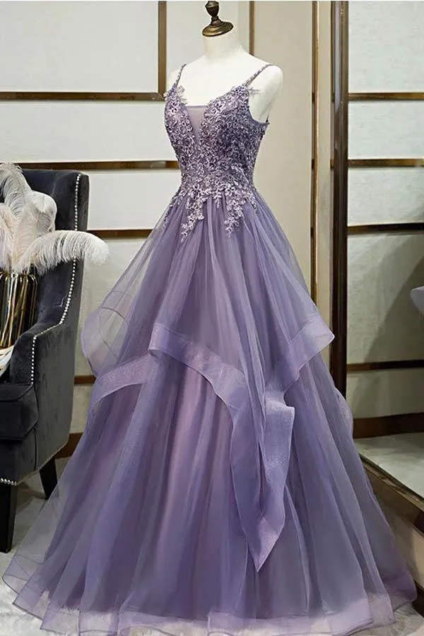Charming Tulle A-line V-neck Spaghetti Straps Long Prom Dress With Lace Appliques OKX36