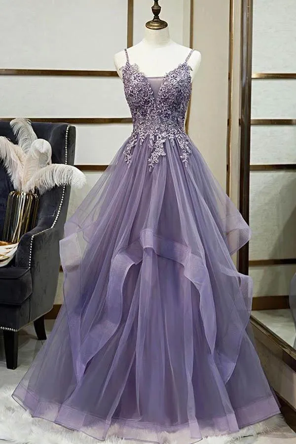 Charming Tulle A-line V-neck Spaghetti Straps Long Prom Dress With Lace Appliques OKX36