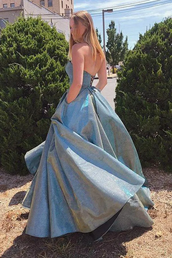 Chic A-line Strapless Sweetheart Prom Dress Sparkly Long Evening Dresses  TP1030