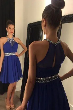 Chiffon A-line Short Prom Dresses with Beading, Halter Sweet Homecoming Dresses, SH27