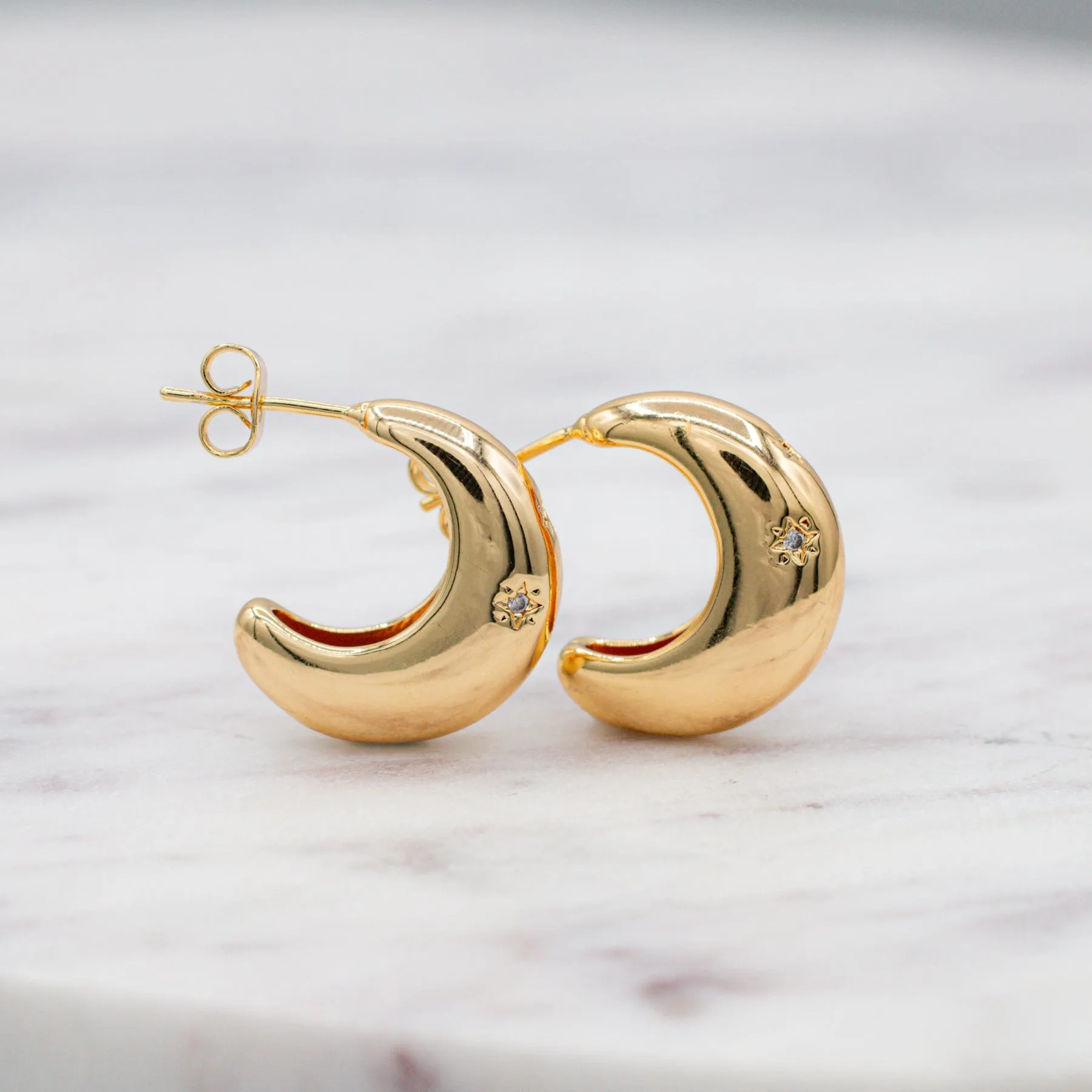 Chunky Crescent Moon Hoops with CZ Stars