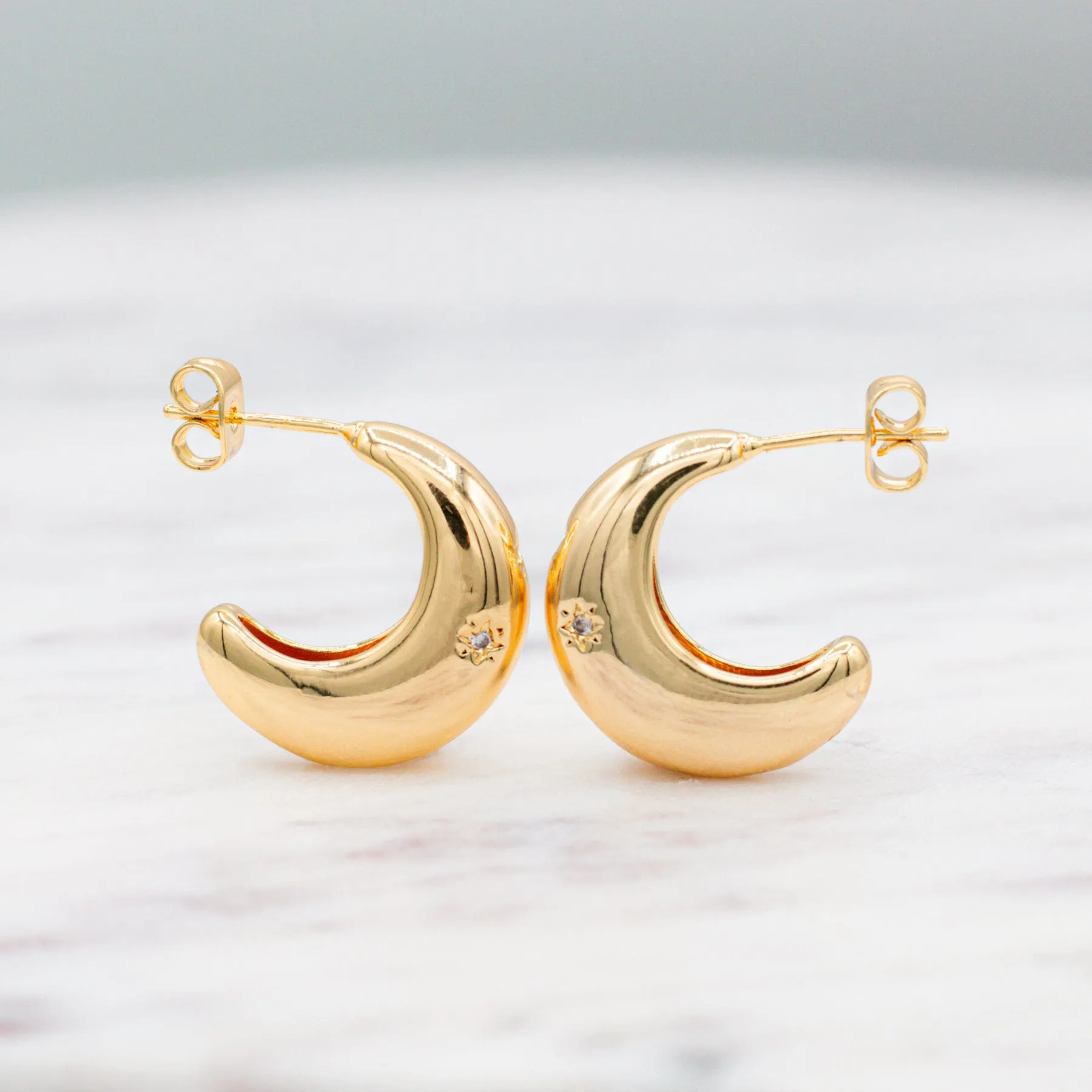 Chunky Crescent Moon Hoops with CZ Stars