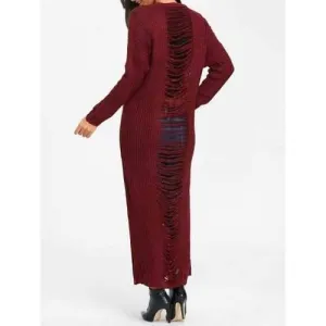 Chunky Knit Long Ripped Dress - Wine Red Xl
