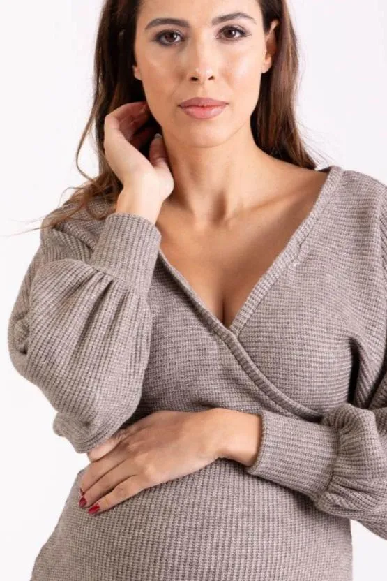 Chunky Knit Wrap Maternity & Breastfeeding Dress in Mocha Sparkle