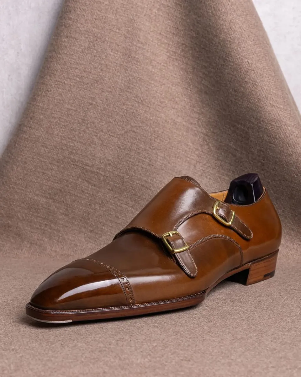 Classic Brown Leather Toe Cap Monk Straps - Formal Shoes - Monk Shoes