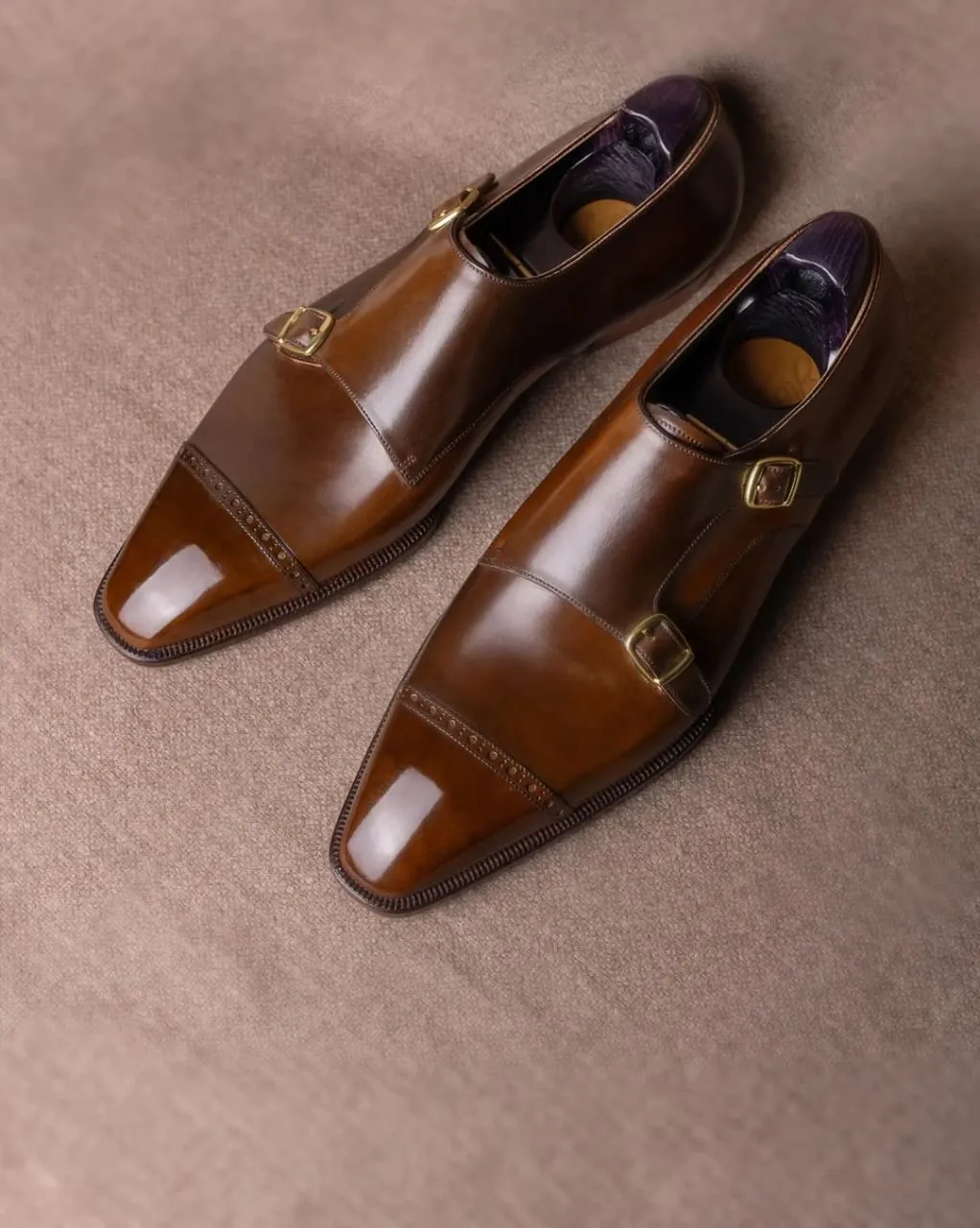 Classic Brown Leather Toe Cap Monk Straps - Formal Shoes - Monk Shoes