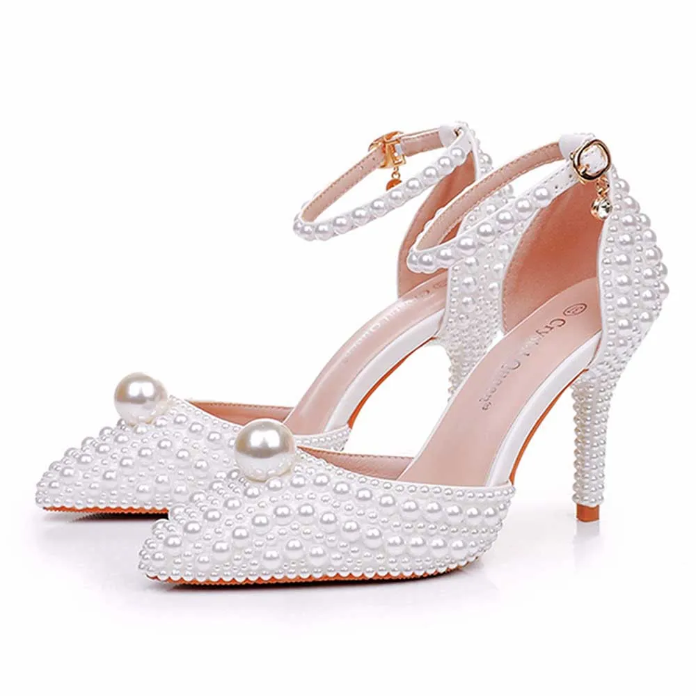 Closed Toe Wedding Shoes Pearls Detail Bridal Heels Prom Shoes