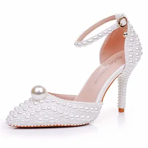 Closed Toe Wedding Shoes Pearls Detail Bridal Heels Prom Shoes
