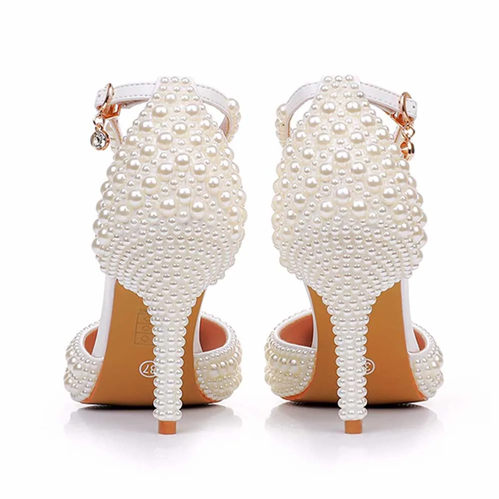 Closed Toe Wedding Shoes Pearls Detail Bridal Heels Prom Shoes
