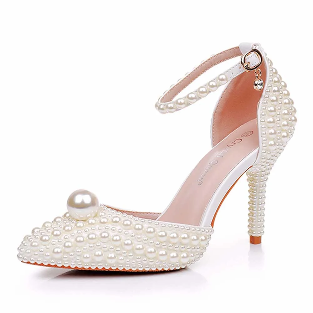 Closed Toe Wedding Shoes Pearls Detail Bridal Heels Prom Shoes