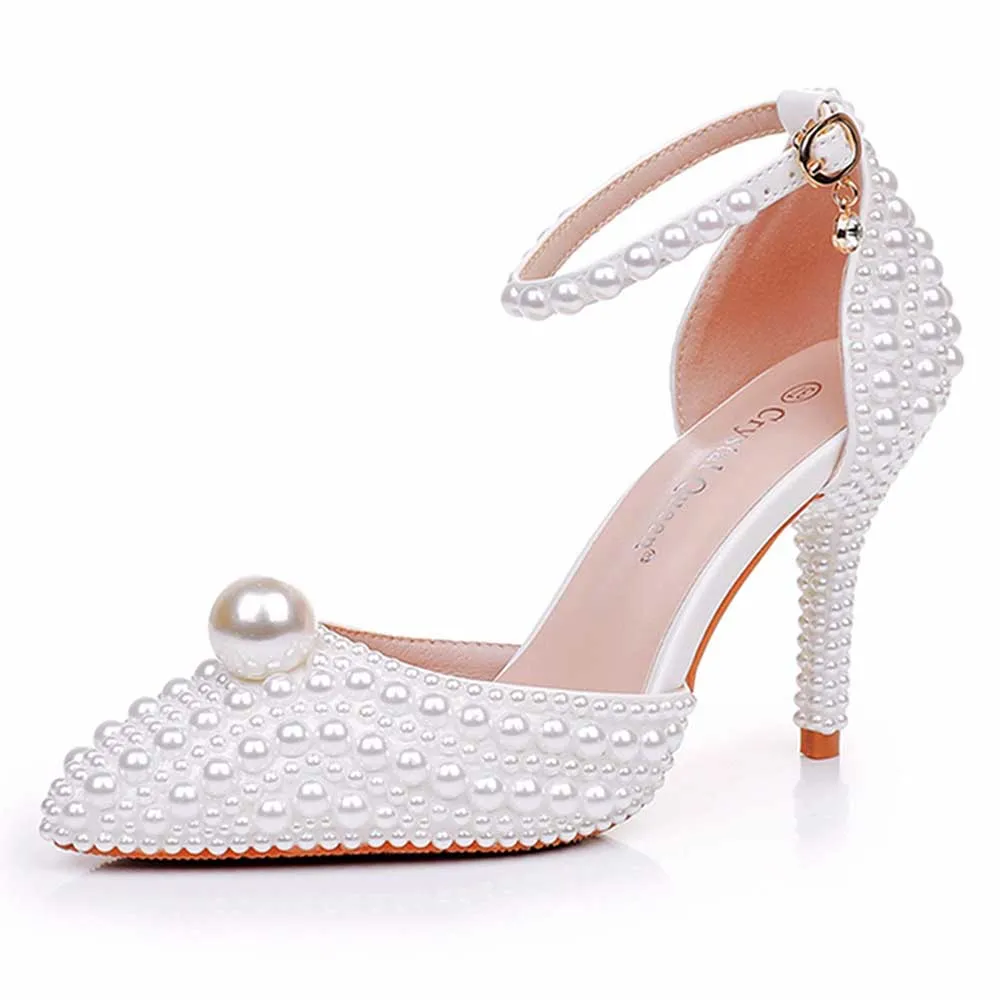 Closed Toe Wedding Shoes Pearls Detail Bridal Heels Prom Shoes