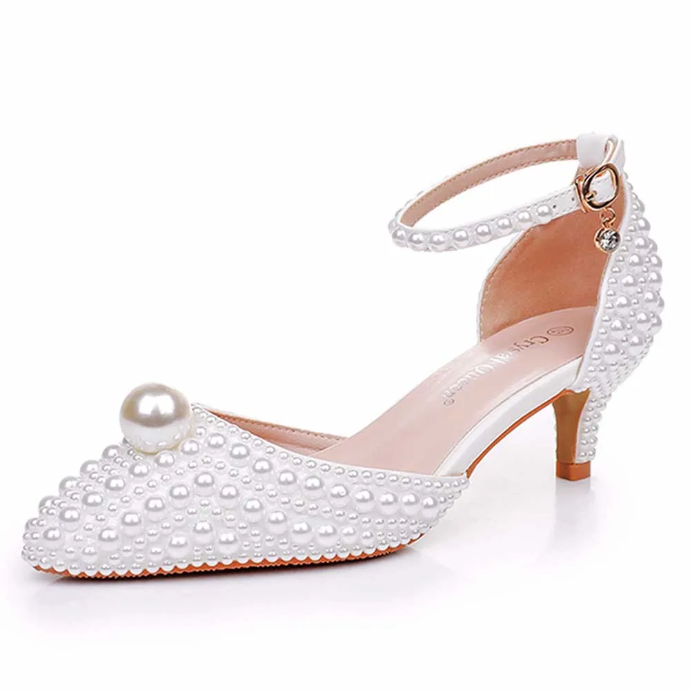Closed Toe Wedding Shoes Pearls Detail Bridal Heels Prom Shoes