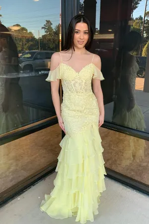 Cold Sleeves Lace Mermaid Ruffle Yellow Long Prom Dress TP1401