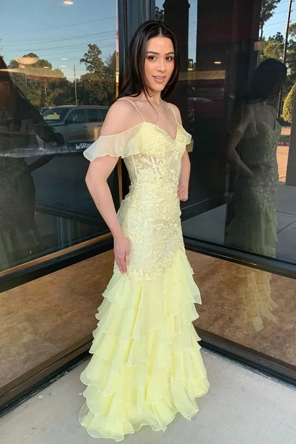 Cold Sleeves Lace Mermaid Ruffle Yellow Long Prom Dress TP1401