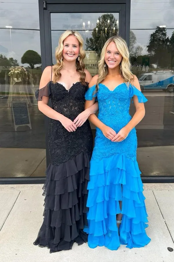 Cold Sleeves Lace Mermaid Ruffle Yellow Long Prom Dress TP1401