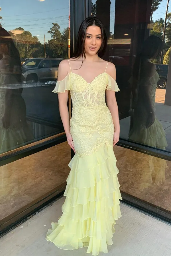 Cold Sleeves Lace Mermaid Ruffle Yellow Long Prom Dress TP1401