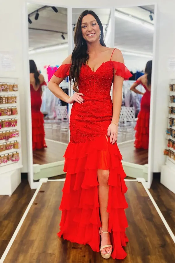 Cold Sleeves Lace Mermaid Ruffle Yellow Long Prom Dress TP1401