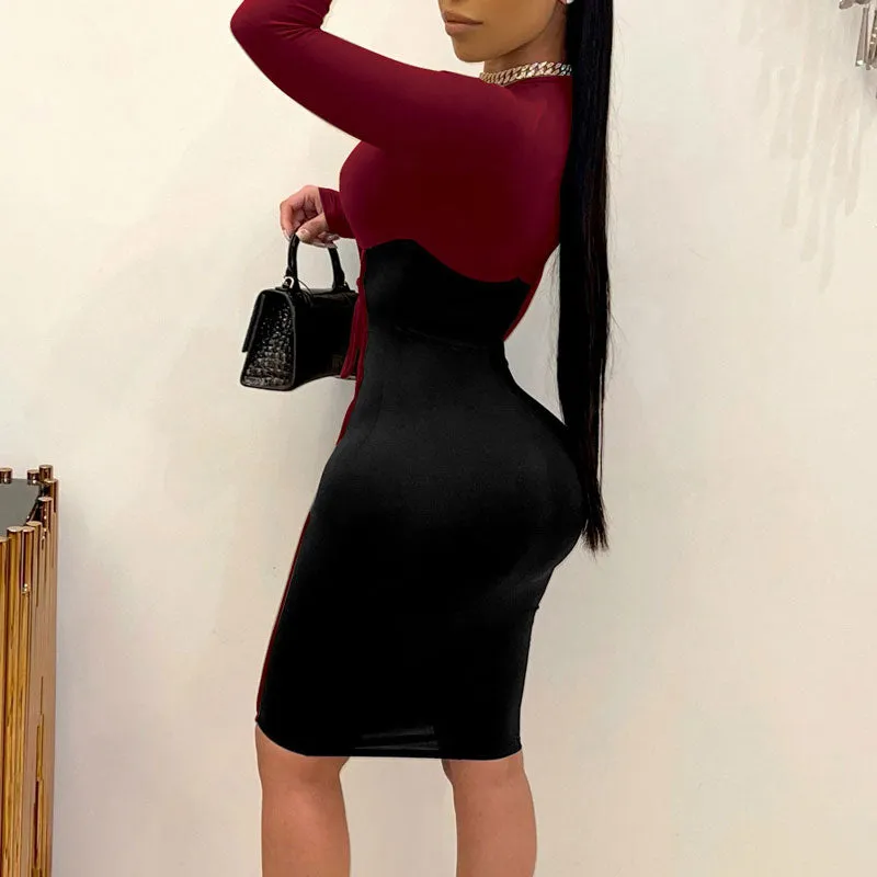 Colorblock Long Sleeve Lace Up Bodycon Dress