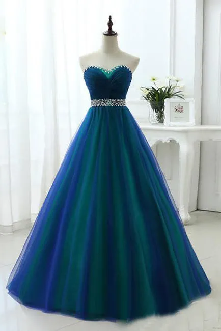 Contrast Colored Sweetheart Rhinestones Beading Sash A-line Long Prom Dress OKS5