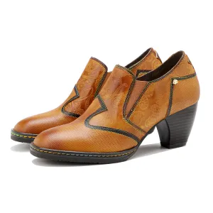 CrazycatZ Leather Pumps,Women Colorful Vintage Block Heel Oxford Vintage Shoes Brown