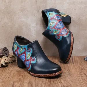 CrazycatZ Leather Pumps,Women  Vintage Block Heel Oxford Vintage Shoes Floral Oxford Shoes Blue
