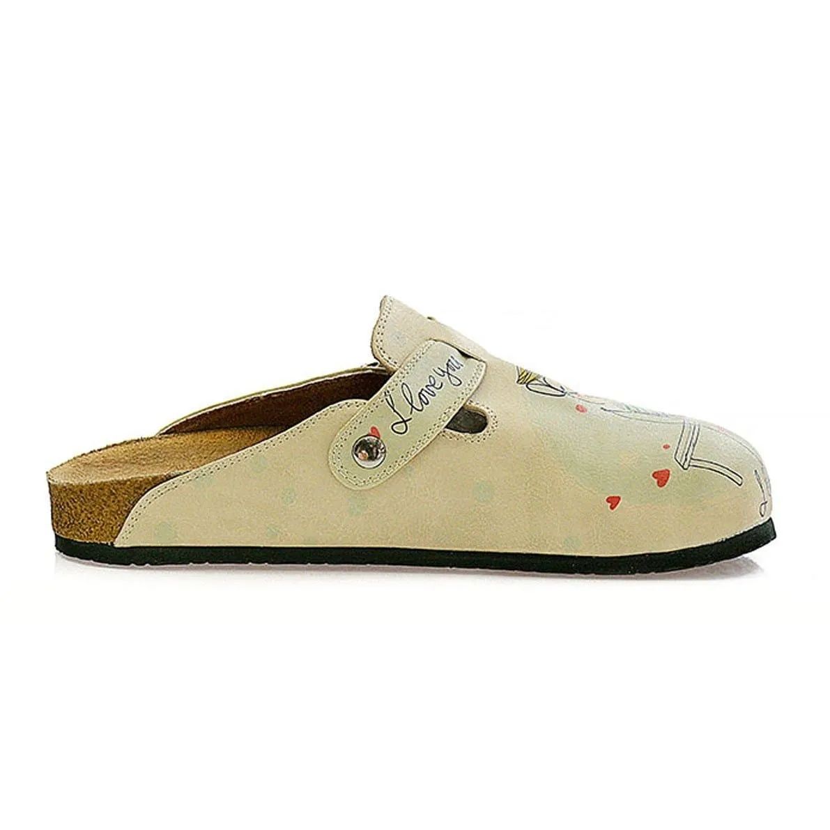 Cream Color, Red Heart Men and Women Love, I Love You Written Patterned Clogs - CAL307