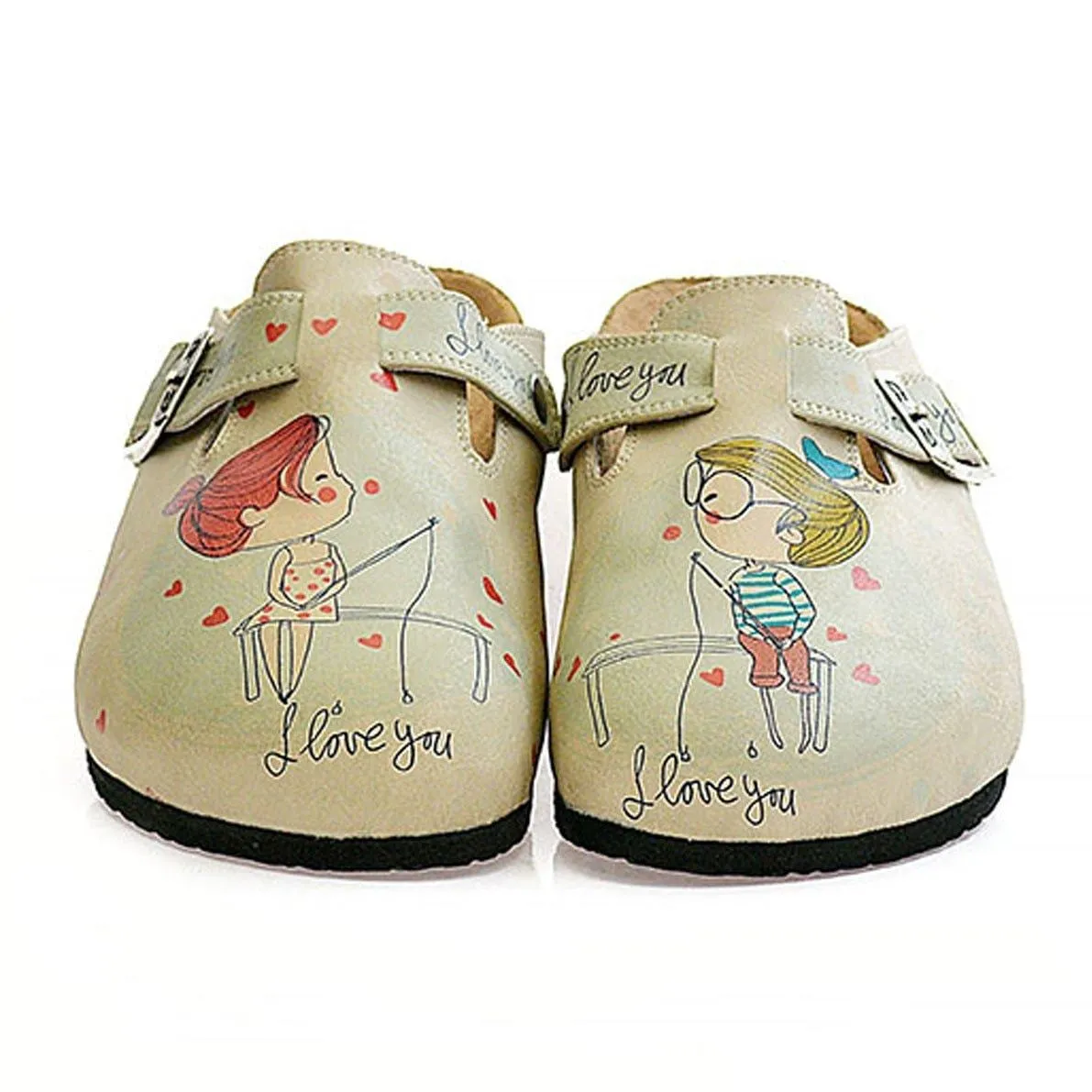 Cream Color, Red Heart Men and Women Love, I Love You Written Patterned Clogs - CAL307