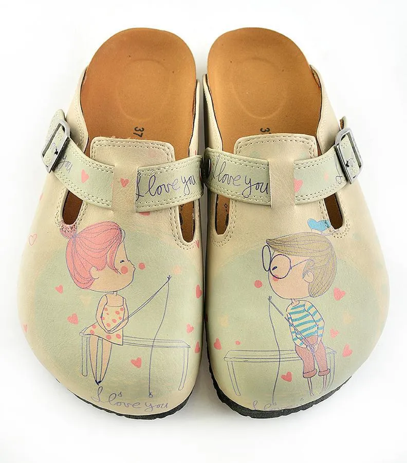 Cream Color, Red Heart Men and Women Love, I Love You Written Patterned Clogs - CAL307