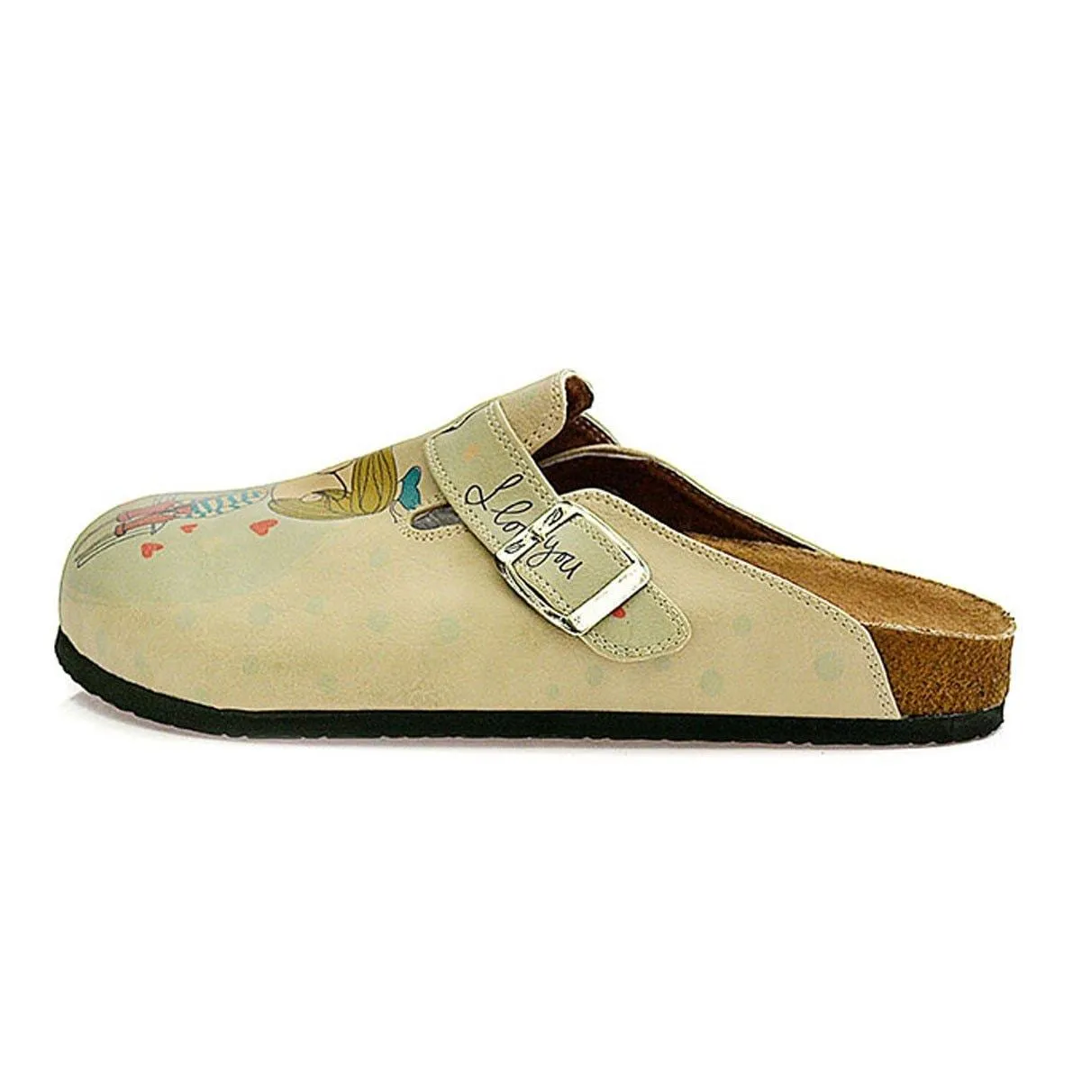 Cream Color, Red Heart Men and Women Love, I Love You Written Patterned Clogs - CAL307