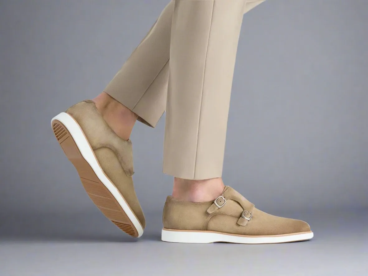 Cream Italian Suede Leather Double Monkstrap Shoes With Sneakers Sole  - Leather Shoes