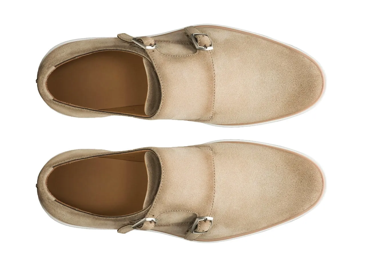 Cream Italian Suede Leather Double Monkstrap Shoes With Sneakers Sole  - Leather Shoes