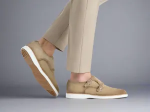 Cream Italian Suede Leather Double Monkstrap Shoes With Sneakers Sole  - Leather Shoes