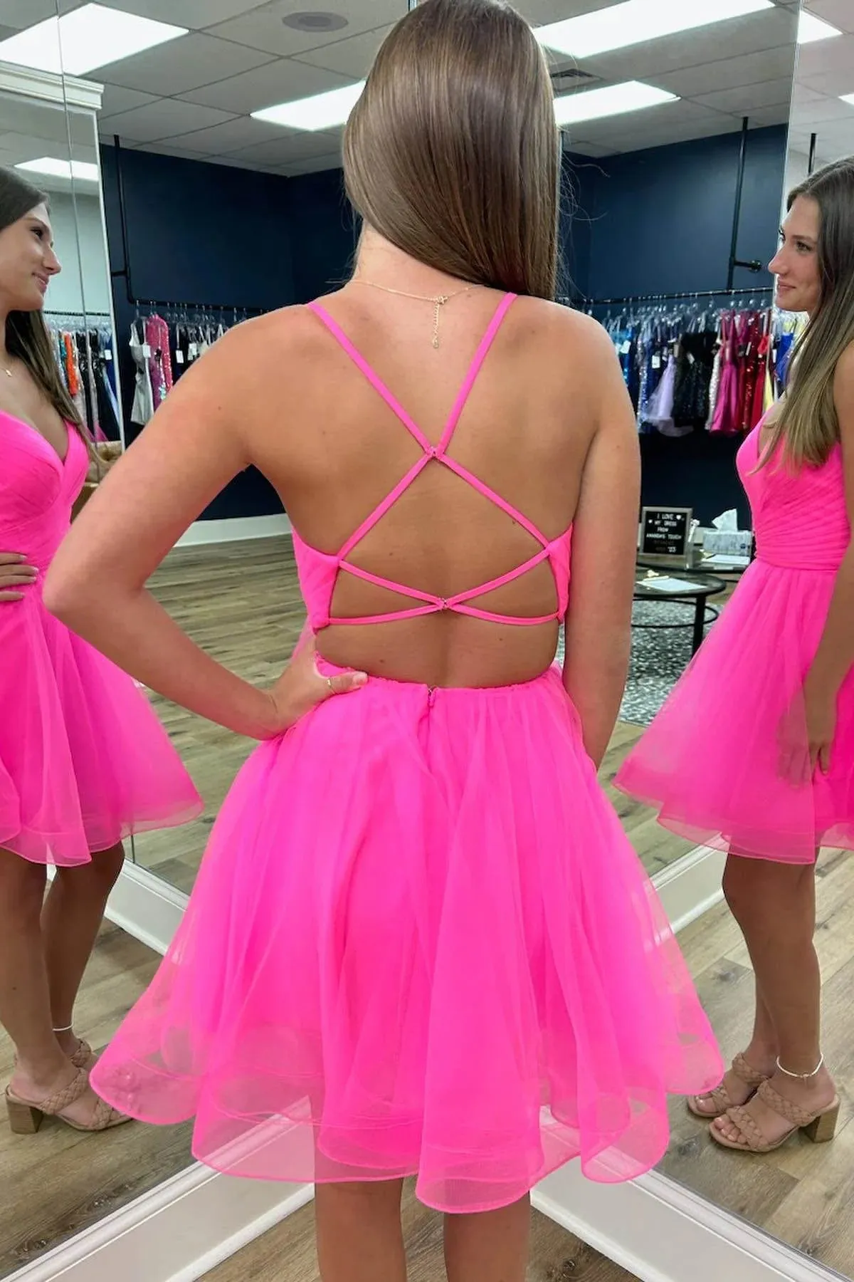 Criss Cross Back Hot Pink Straps A-Line Tulle Homecoming Dress HD0198