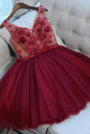 Cute A-Line V Neck Lace Up Short Burgundy Tulle Homecoming Dresses with Appliques OKC46