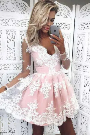 Cute A-Line V-Neck Long Sleeves Pink Lace Short Homecoming Dresses,Graduation Dresses OK330
