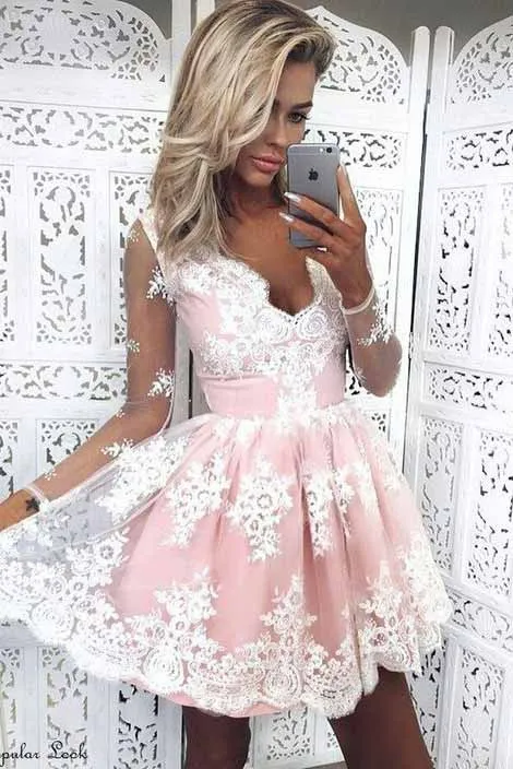 Cute A-Line V-Neck Long Sleeves Pink Lace Short Homecoming Dresses,Graduation Dresses OK330