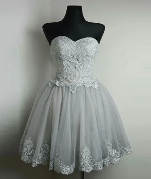 Cute gray tulle lace short prom dress, gray homecoming dress