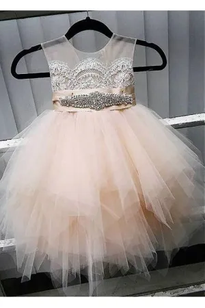 Cute Tulle Jewel Neckline Cap Sleeve Beading Flower Girl Dress With Lace Appliques