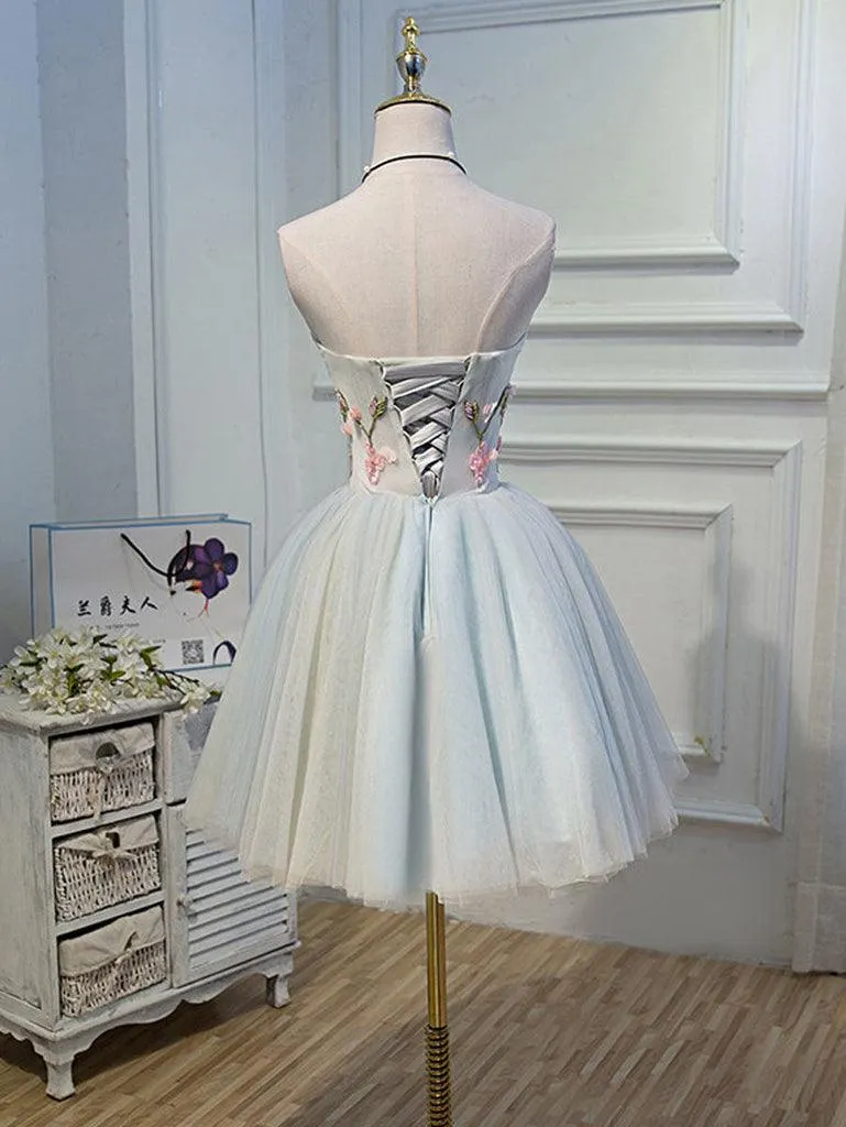 Cute Tulle Short Lace Applique Short Prom Dress Tulle Homecoming Dress HD0159