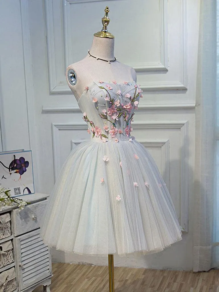 Cute Tulle Short Lace Applique Short Prom Dress Tulle Homecoming Dress HD0159