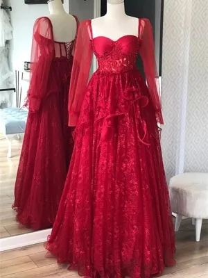 Dark Red Tulle with Lace Long Sleeves Party Dress, A-line Dark Red Prom Dress