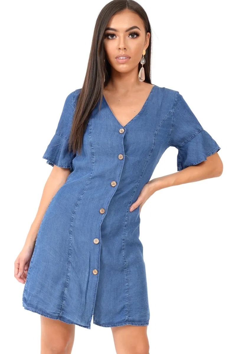 Denim Plunge Short Sleeve Mini Shift Dress - Valeda