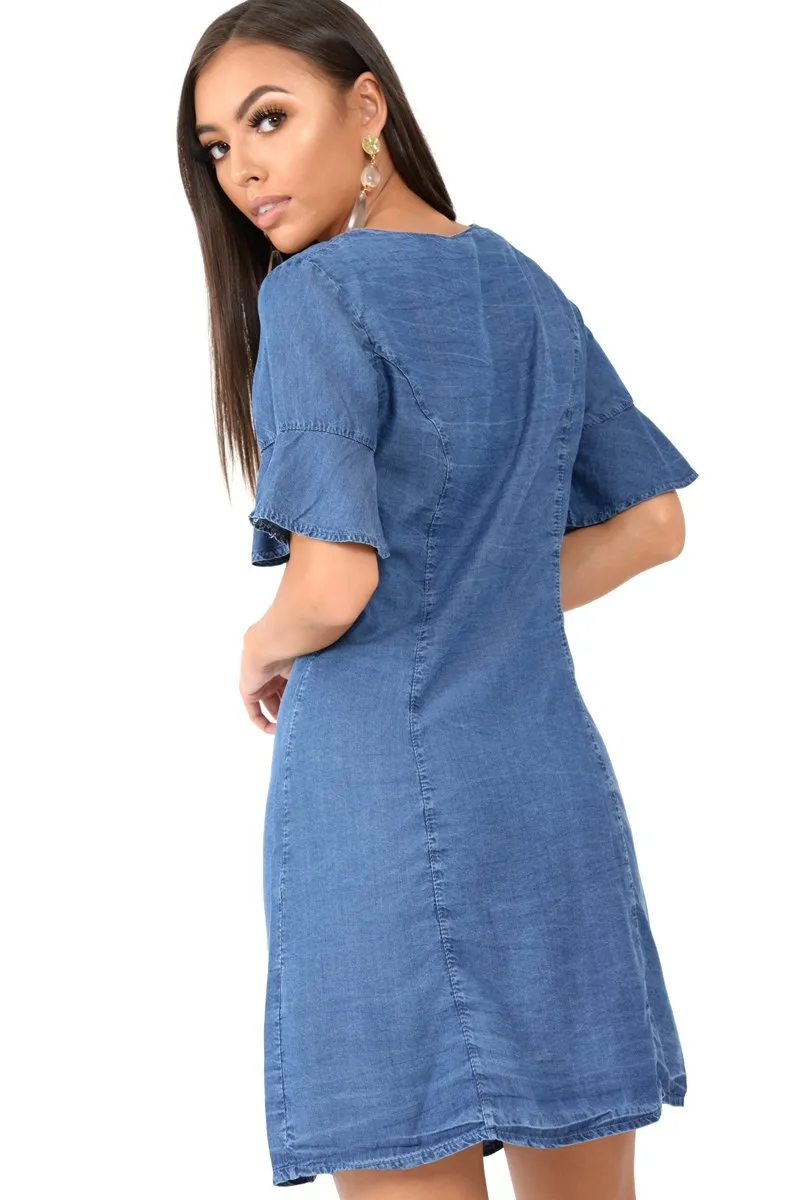 Denim Plunge Short Sleeve Mini Shift Dress - Valeda